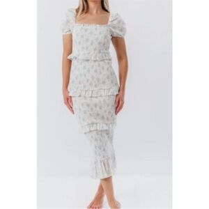 Mable S White Blue Liberty Floral Ruffle Tiered Smocked Puff Sleeve Midi Dress